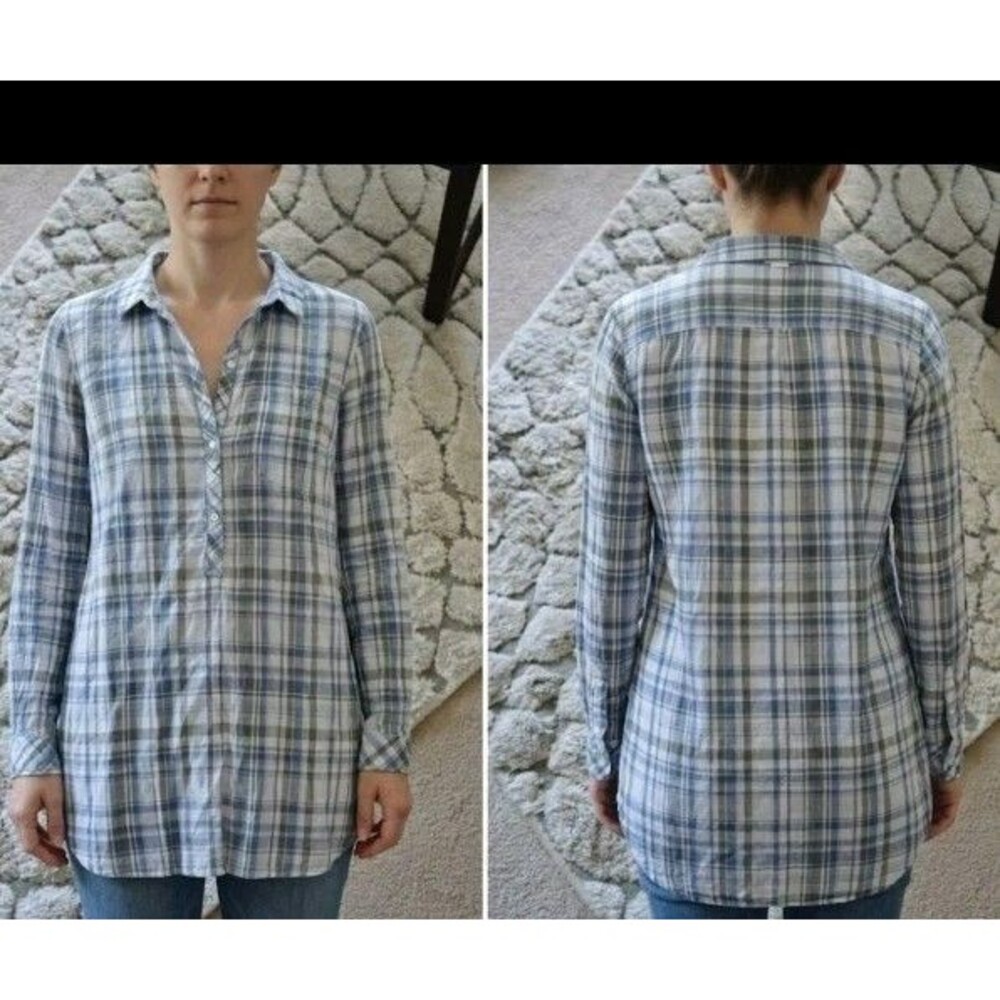 J. Jill Love Linen Button Front Plaid Popover Tunic Shirt Pockets Size M